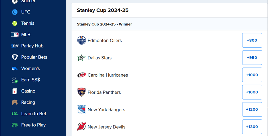 nhl futures odds screenshot