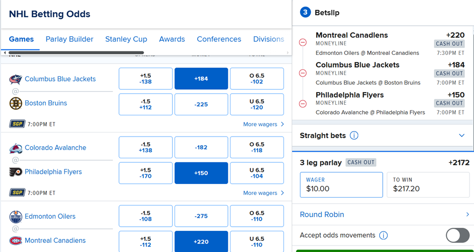 nhl parlay odds screenshot