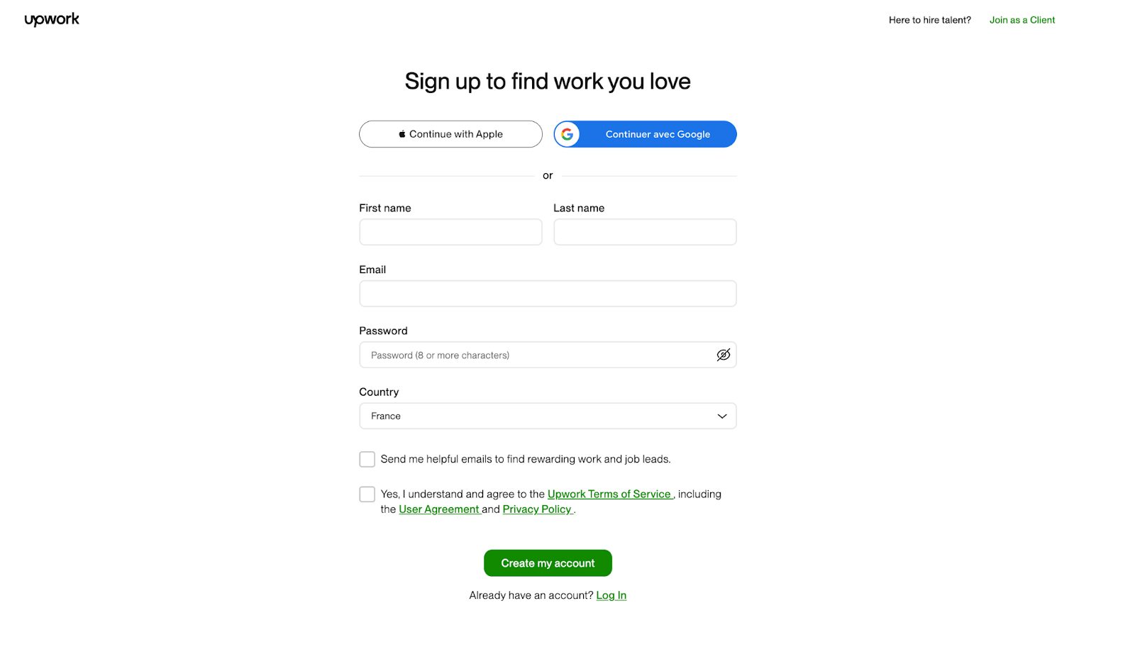 signing up to upwork screenshot