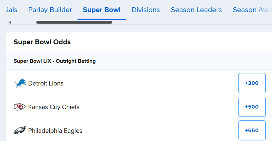 super bowl odds screenshot