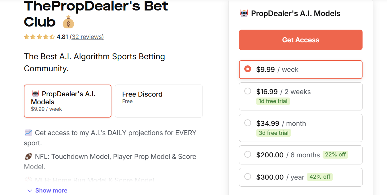 the prop dealers bet club whop pricing page