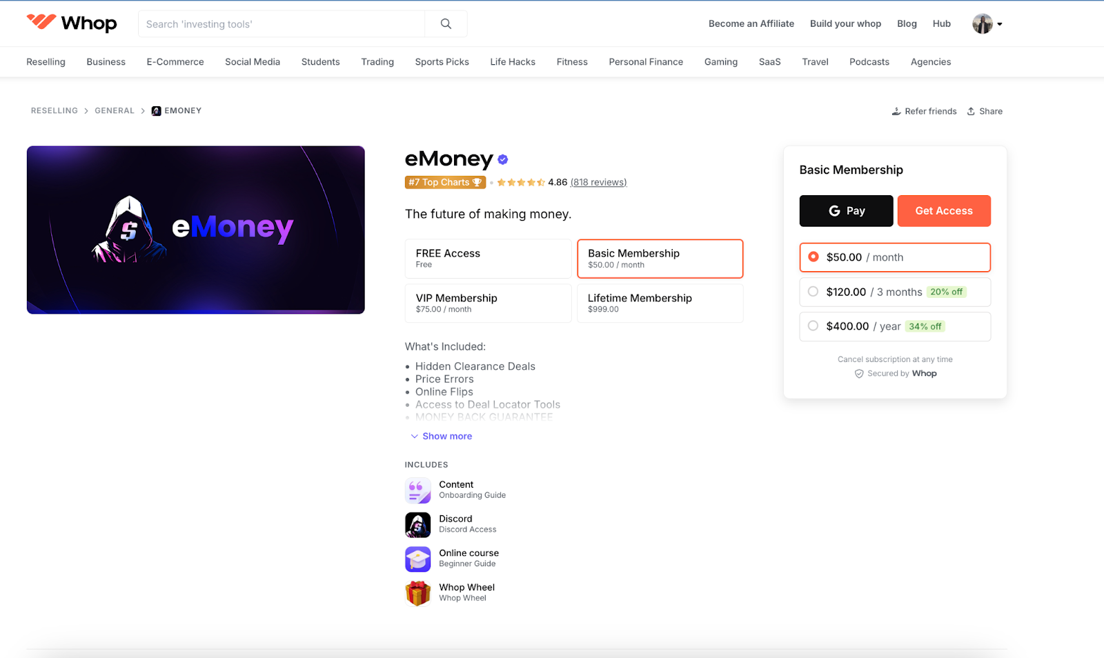 whop marketplace emoney screenshot