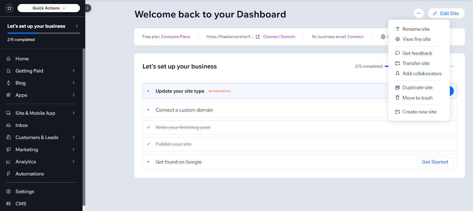 Wix dashboard