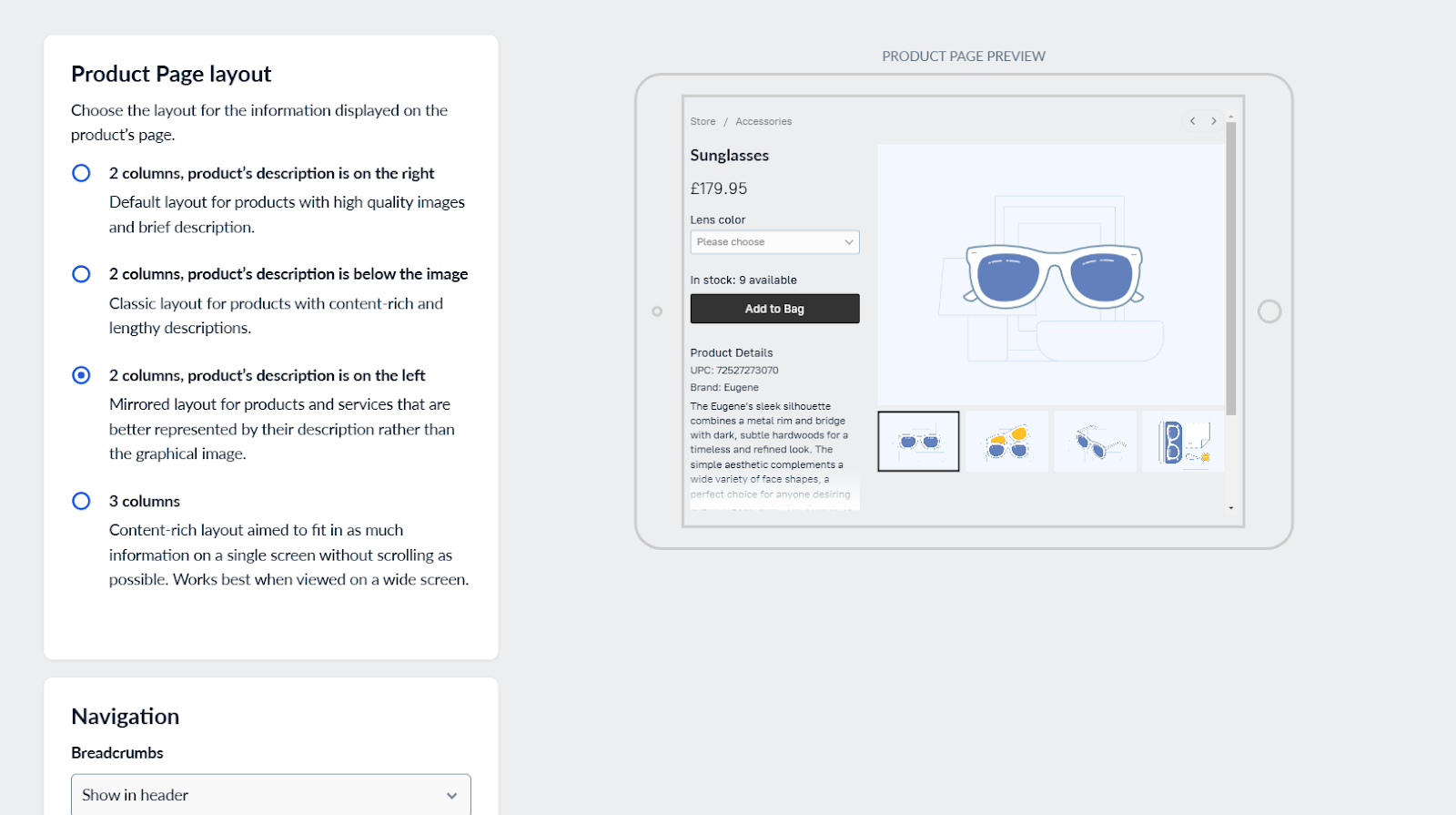 product page layout ecwid