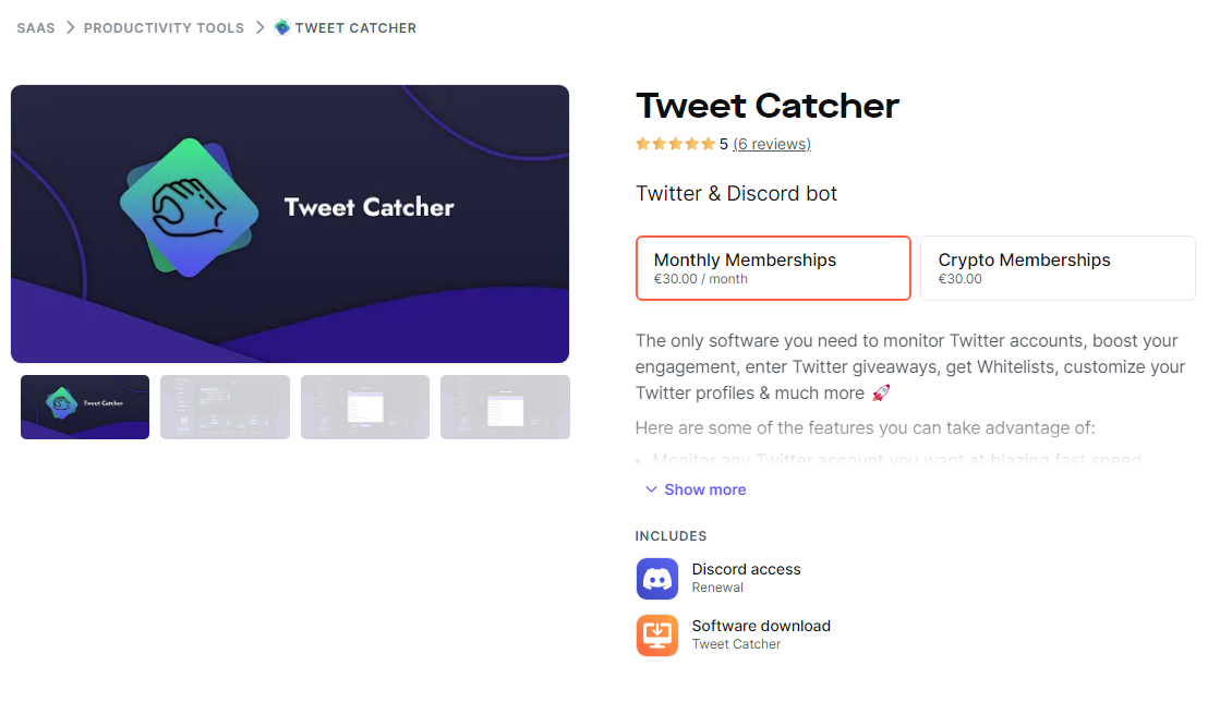 tweet catcher whop marketplace homepage