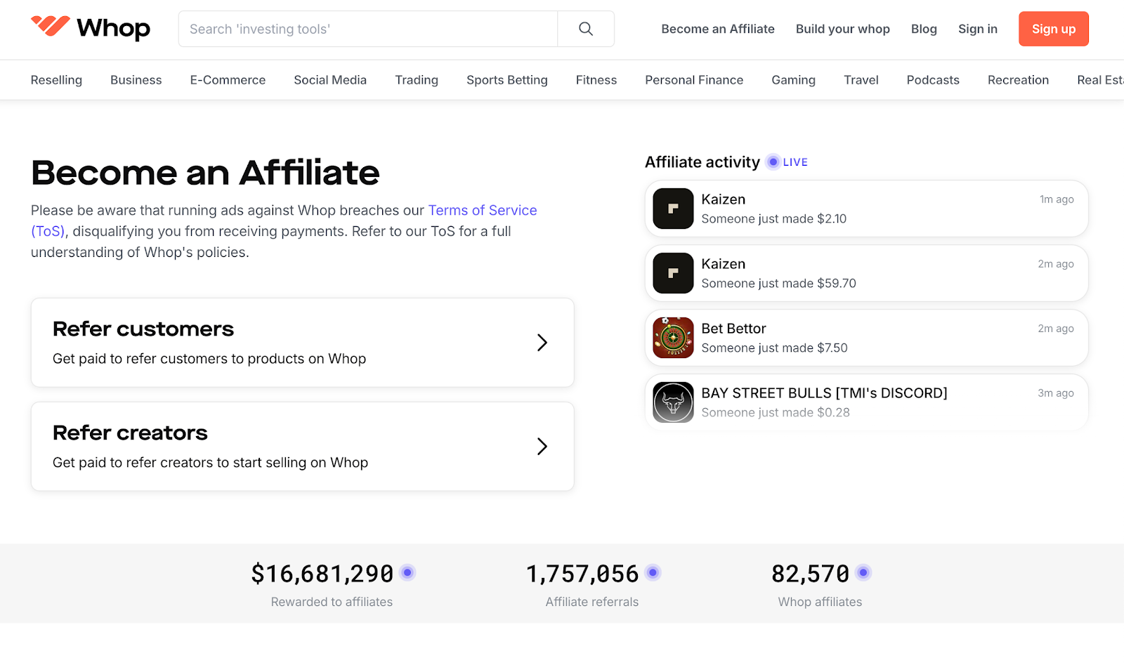 whops affiliate program screenshot