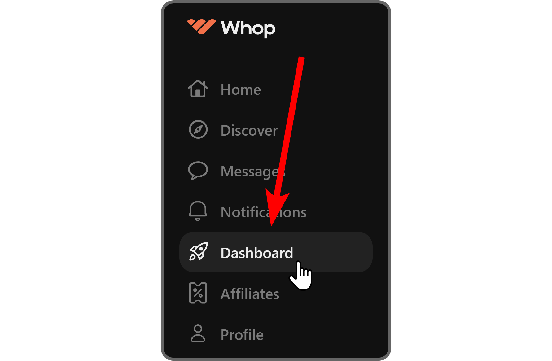 The Dashboard button on the Whop navigation bar