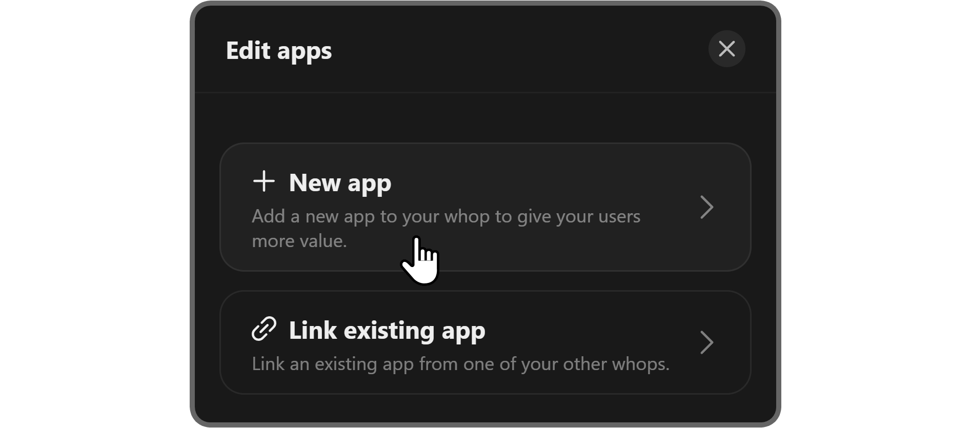 The Edit apps popup on Whop