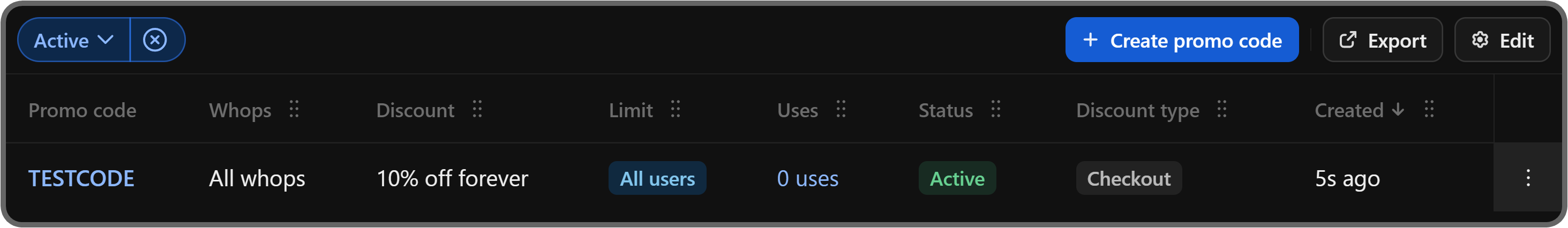 A promo code in the dashboard on Whop
