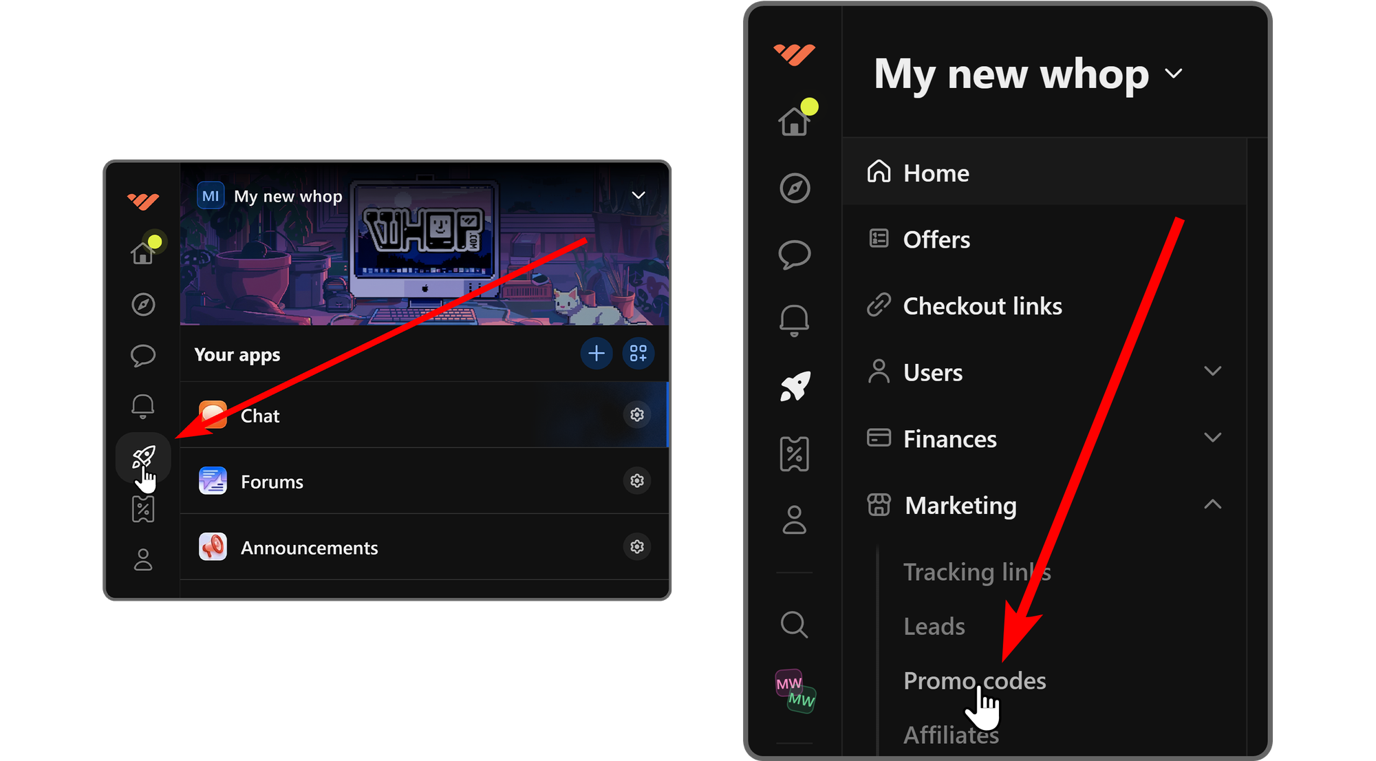 Steps of navigating into the Promo codes section of a whop's dashboard