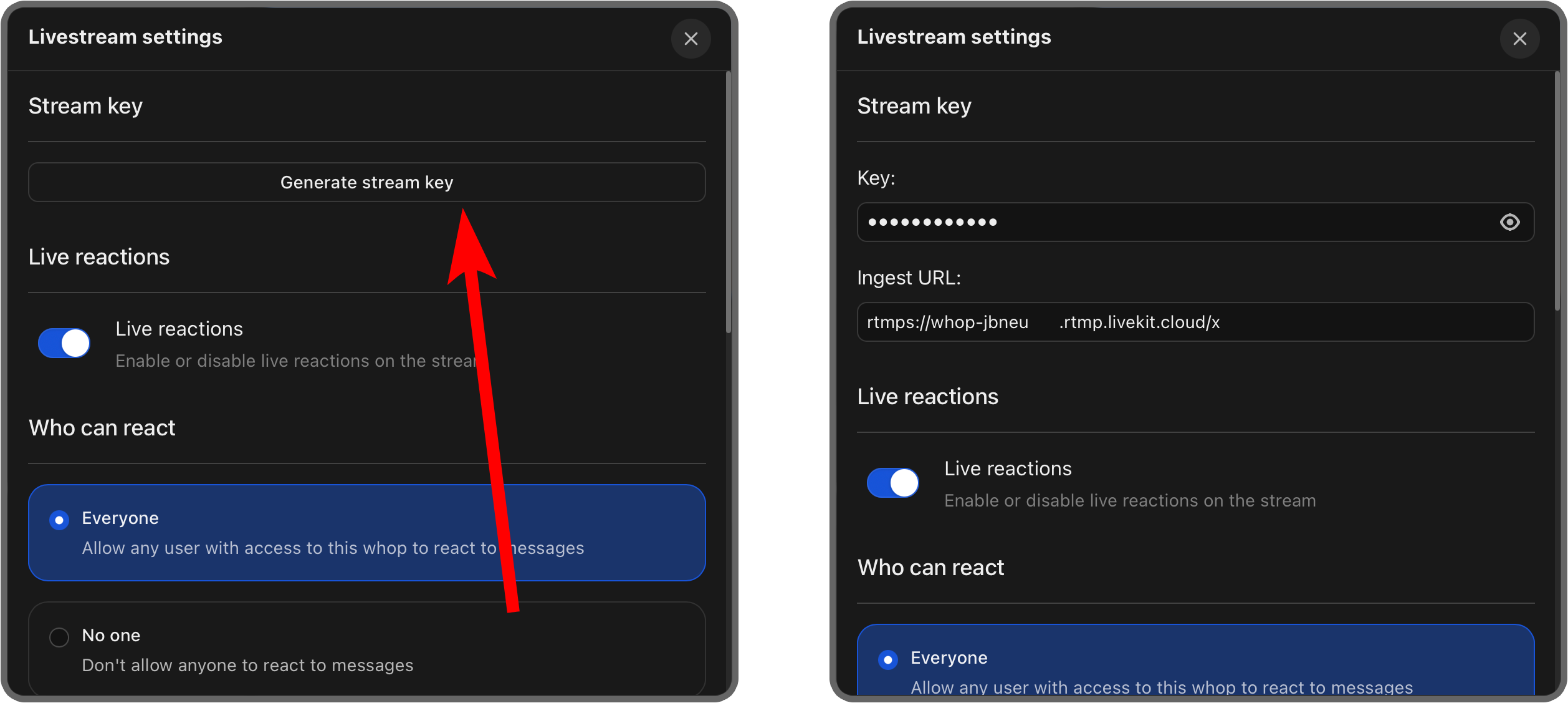 Livestream settings on Whop