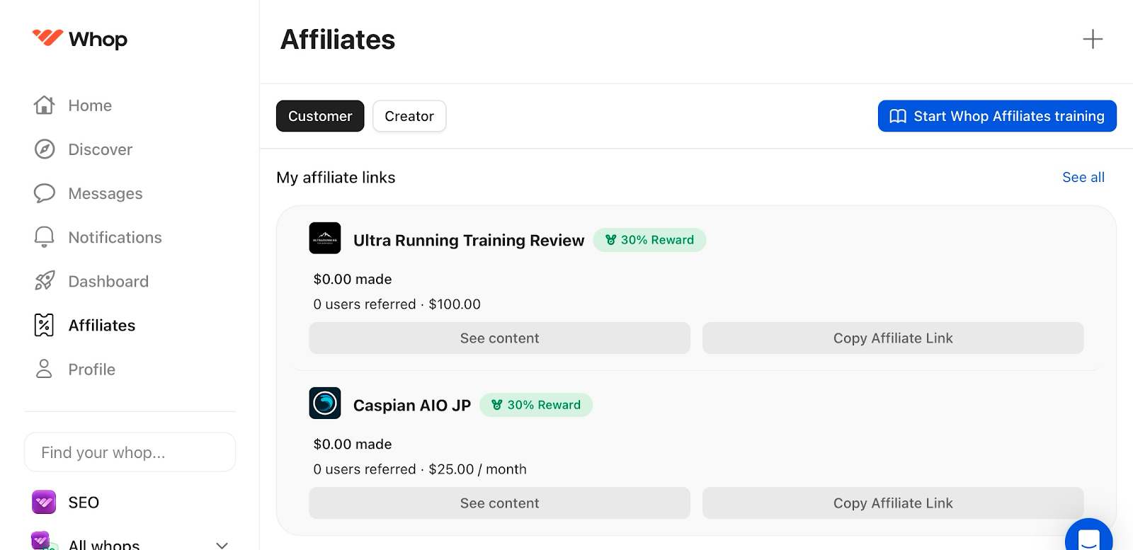 whop affiliate dash