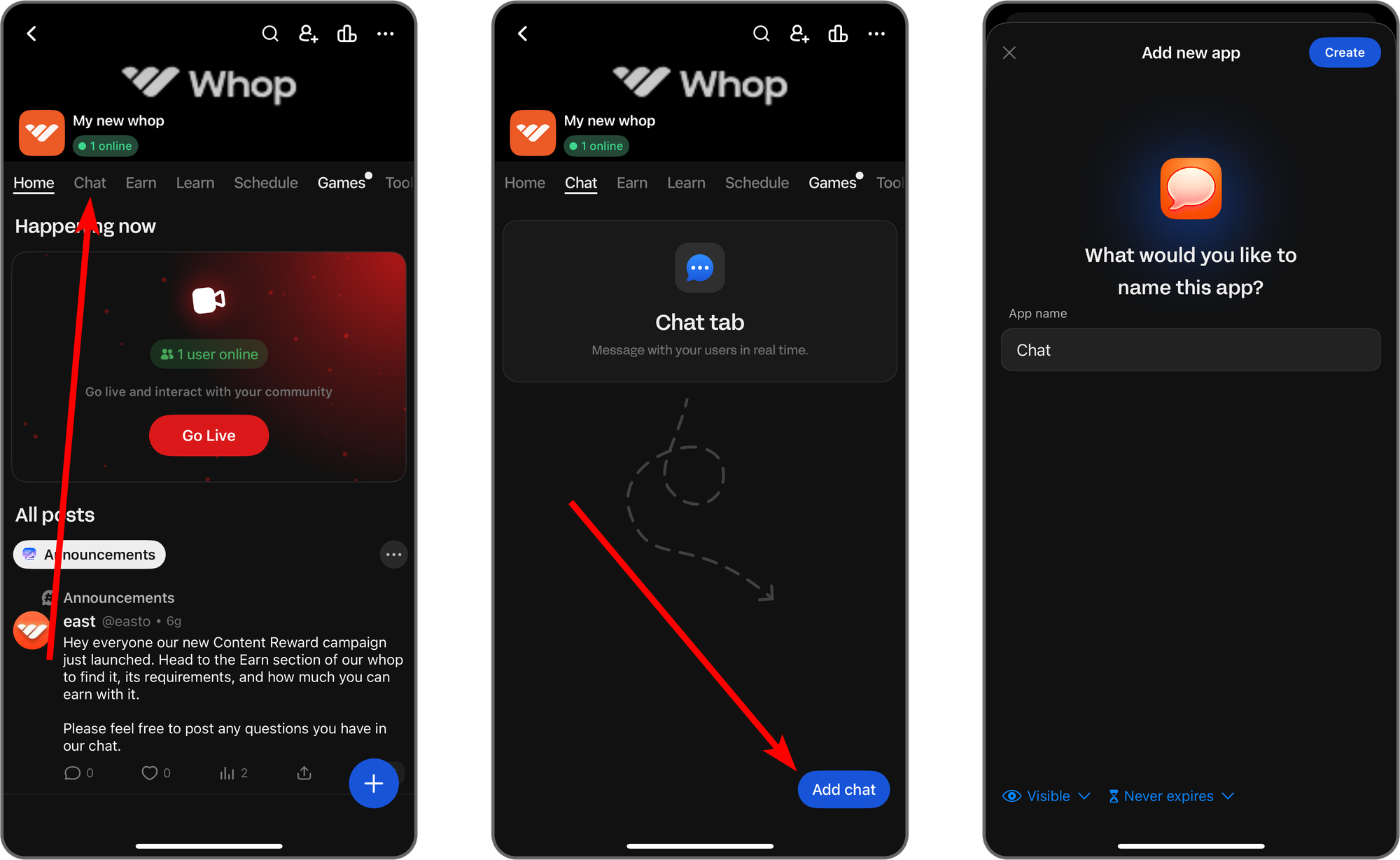 Steps of adding an app to a whop in the Whop mobile app