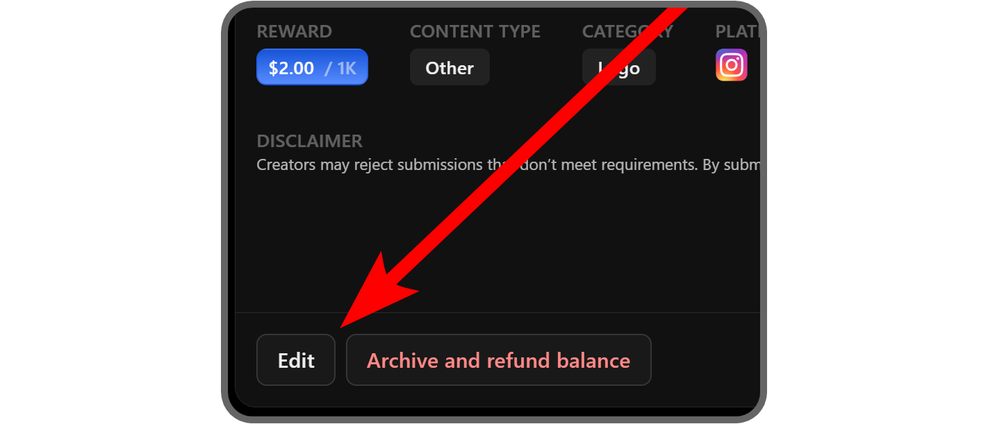 The Edit button of a Content Reward on Whop