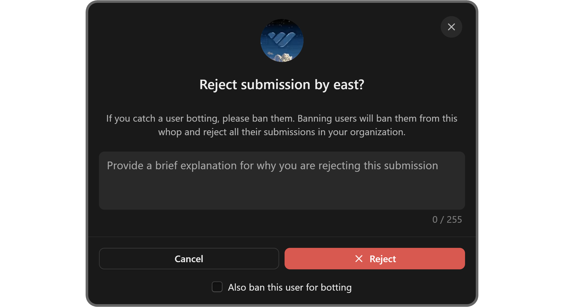 Content reward submission rejection popup