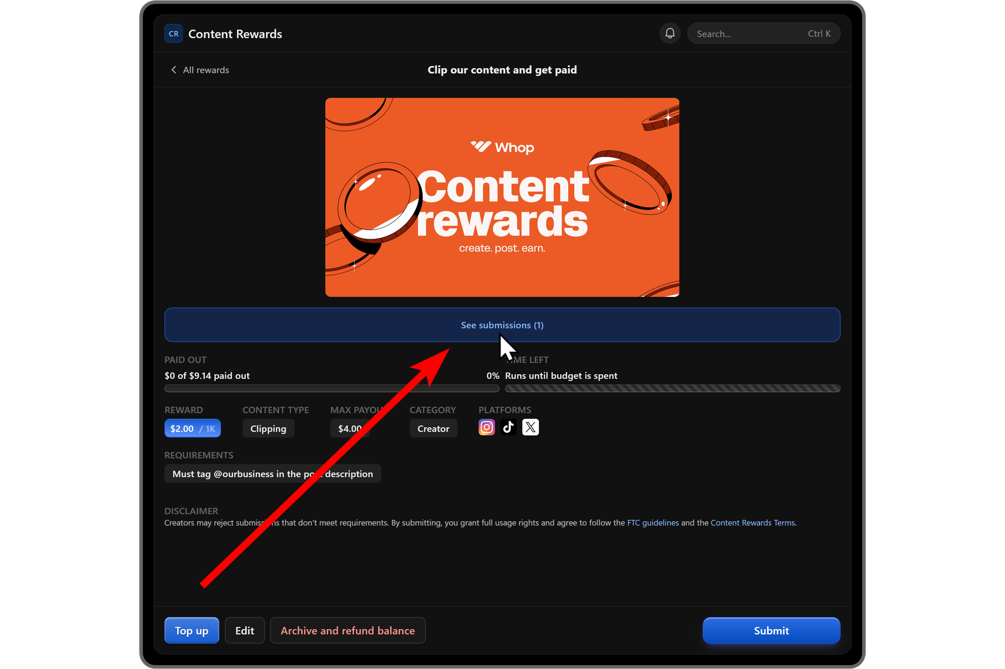 The detailed view of a content reward on Whop