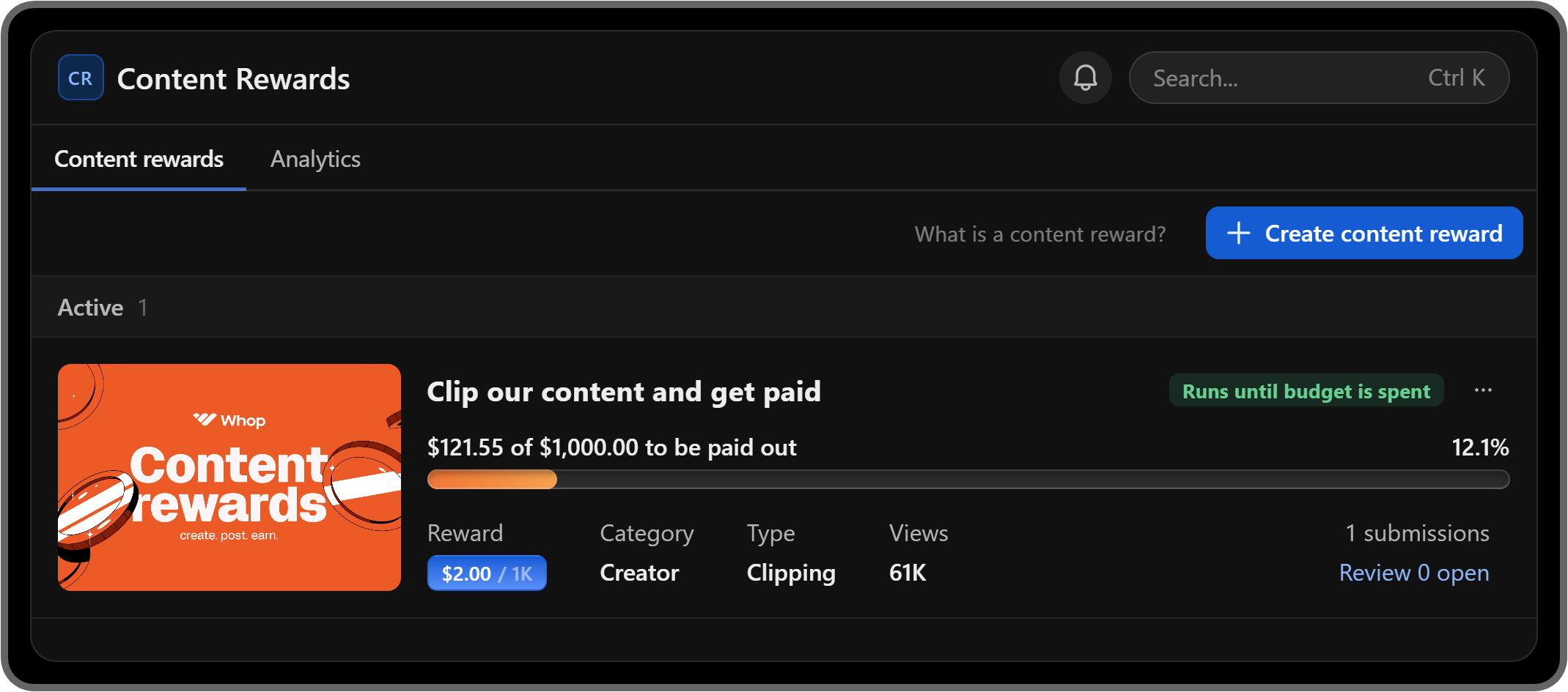 A content reward on Whop
