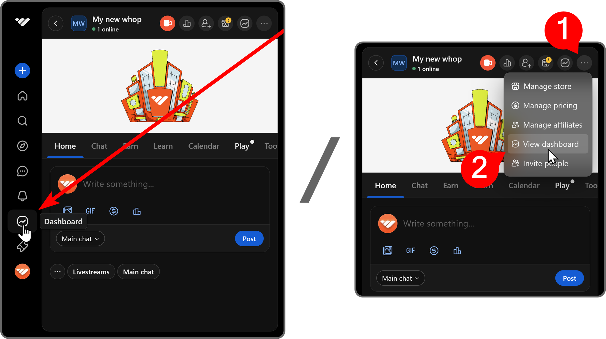 The dashboard and whop-specific dashboard buttons on Whop