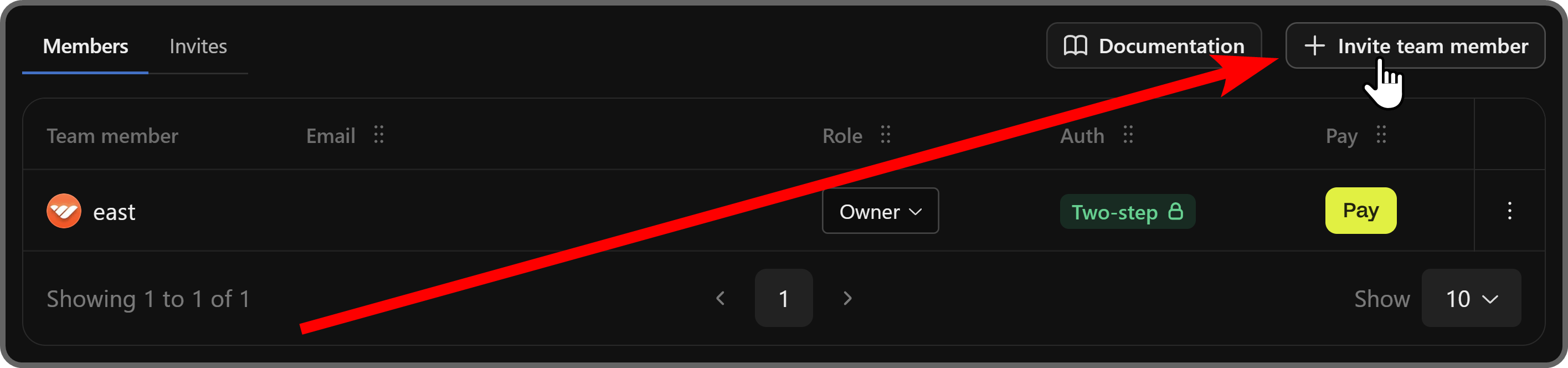 The Invite team member button on Whop