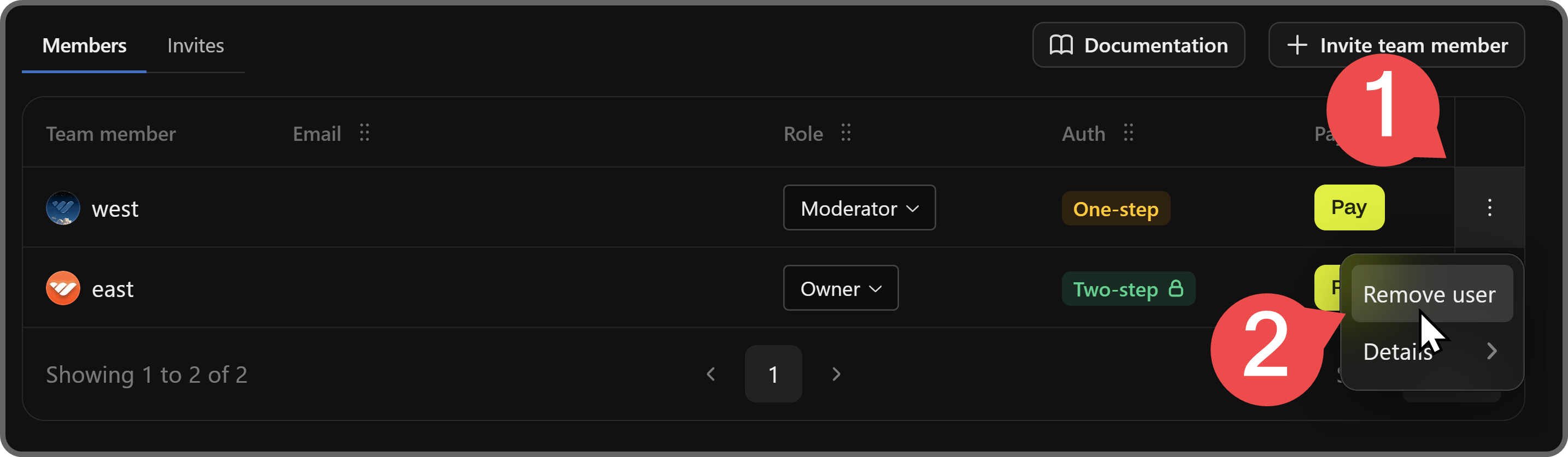 Steps of removing a user from a whop team on Whop
