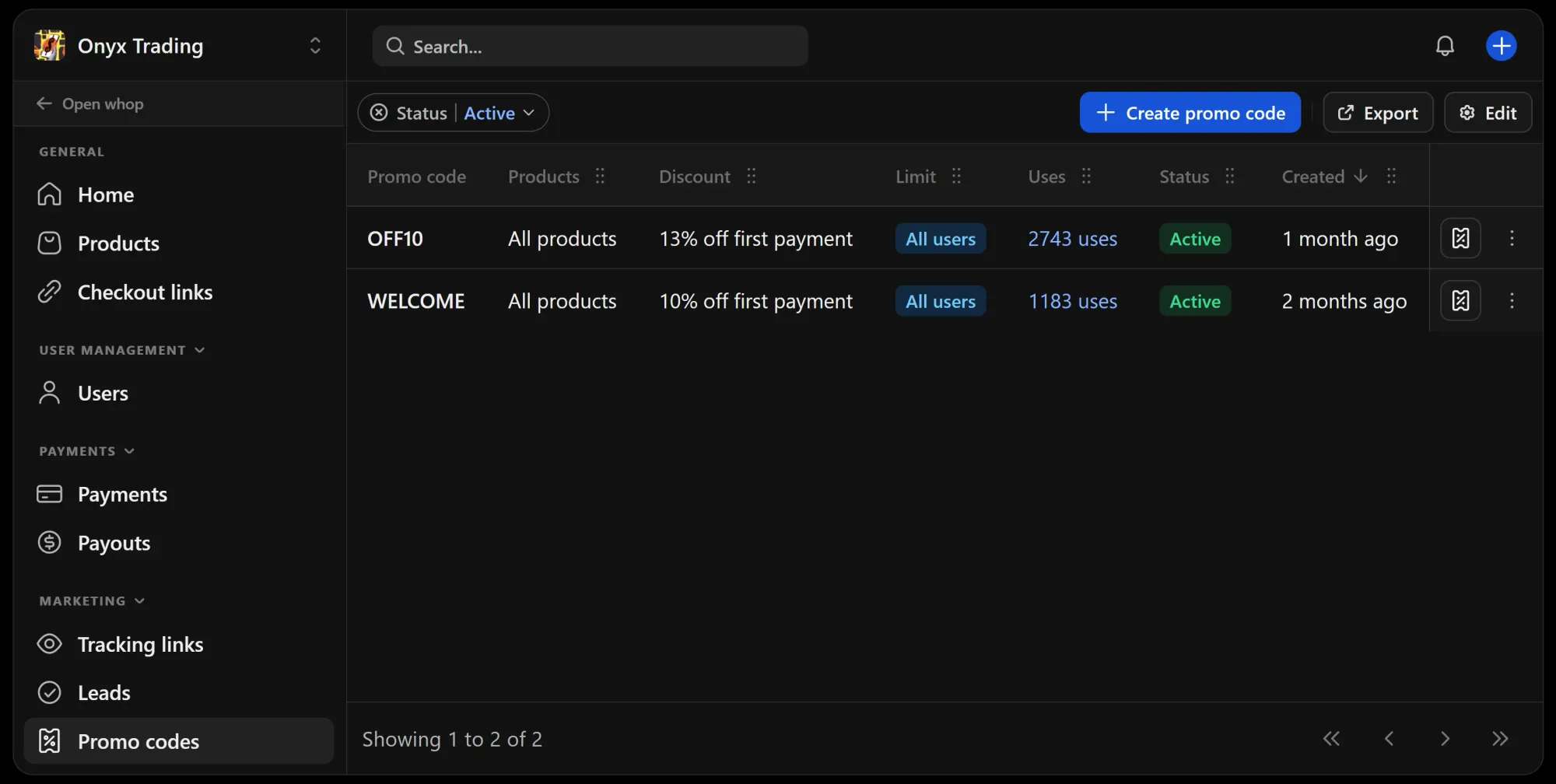 Promo codes section of a whop's dashboard