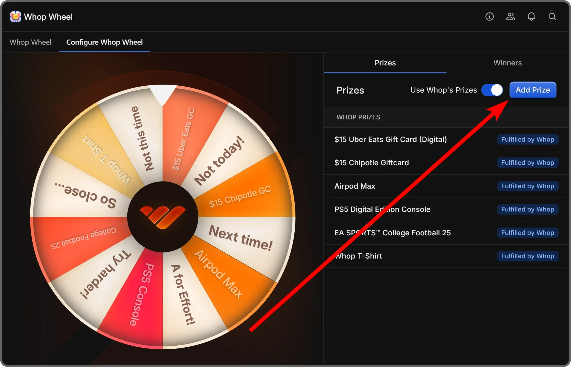 The app manager view of Whop Wheel