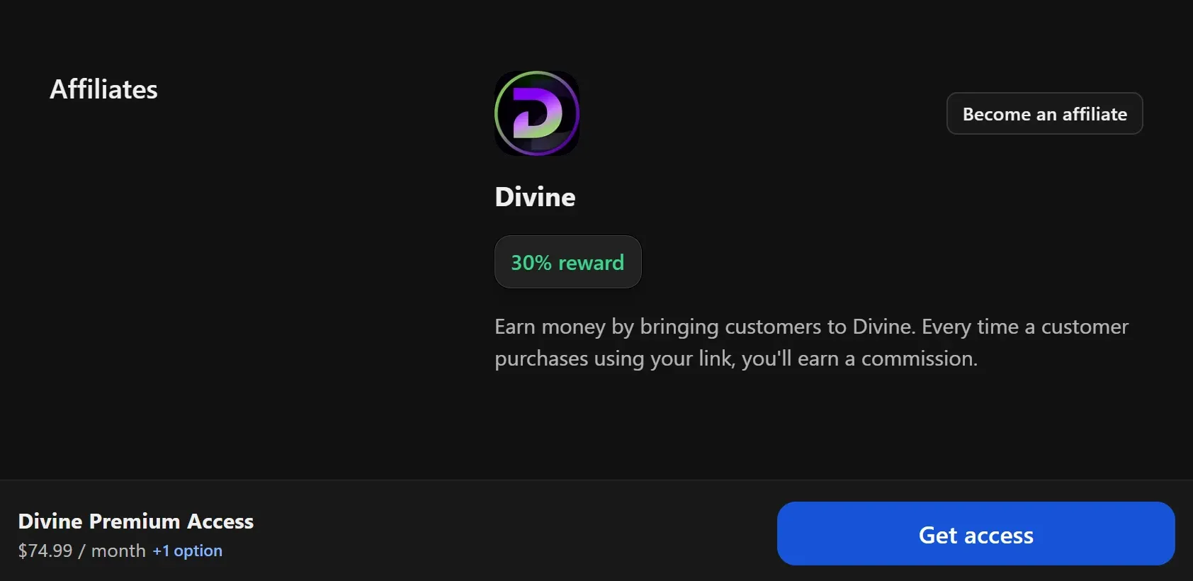 Store page of Divine Premium Access