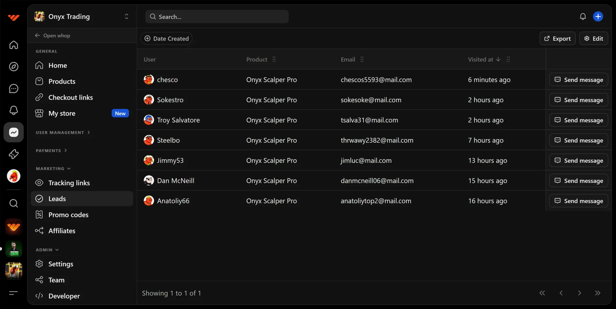 Leads dashboard on Whop