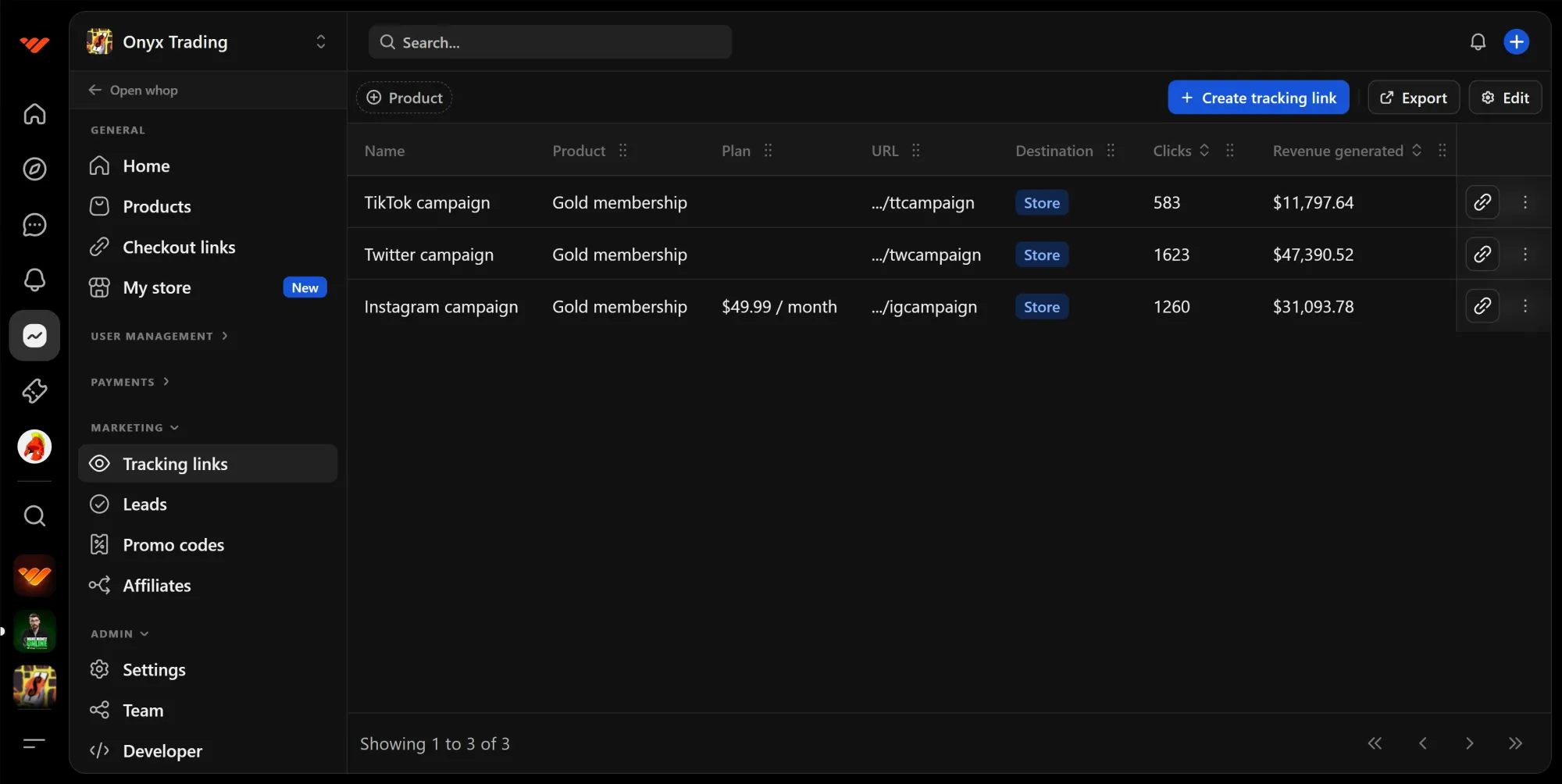 Tracking link dashboard on Whop