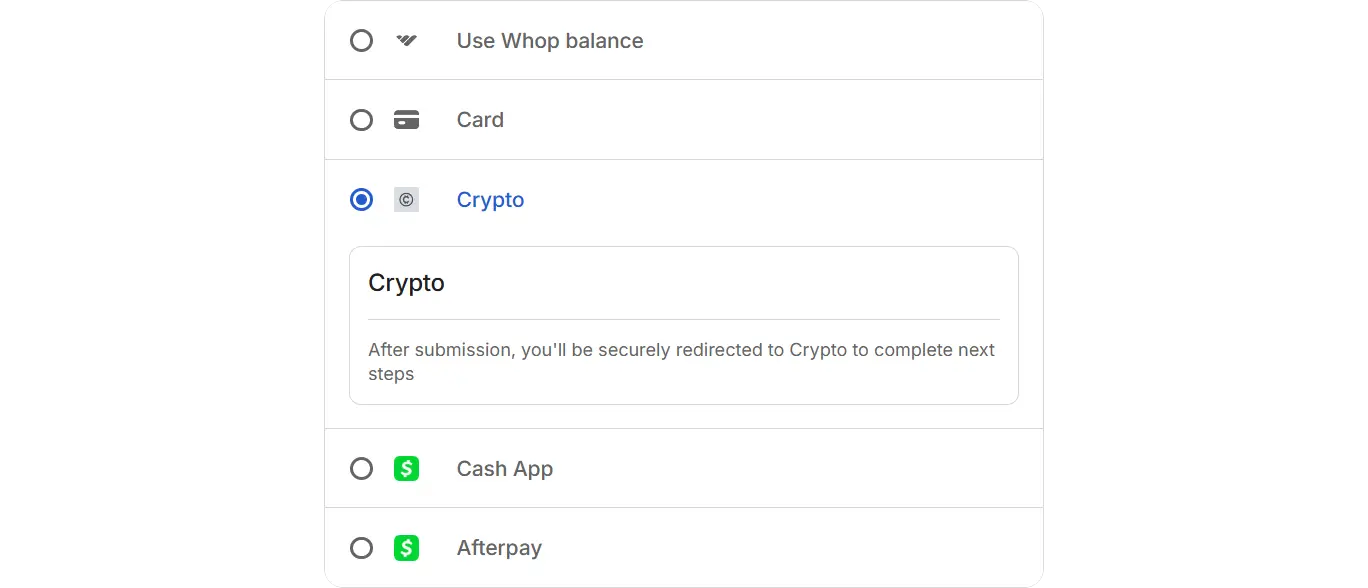 Crypto payment option in a Whop checkout