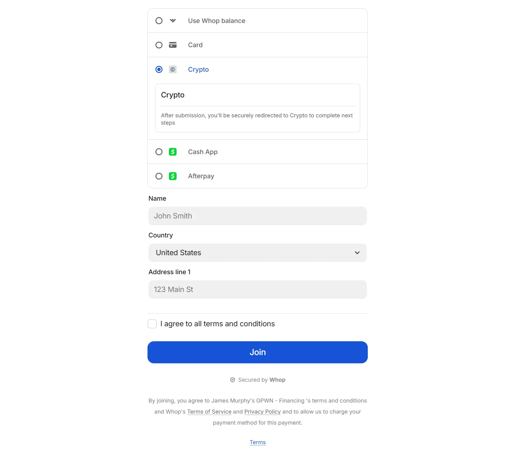 Crypto payment option in a Whop checkout page