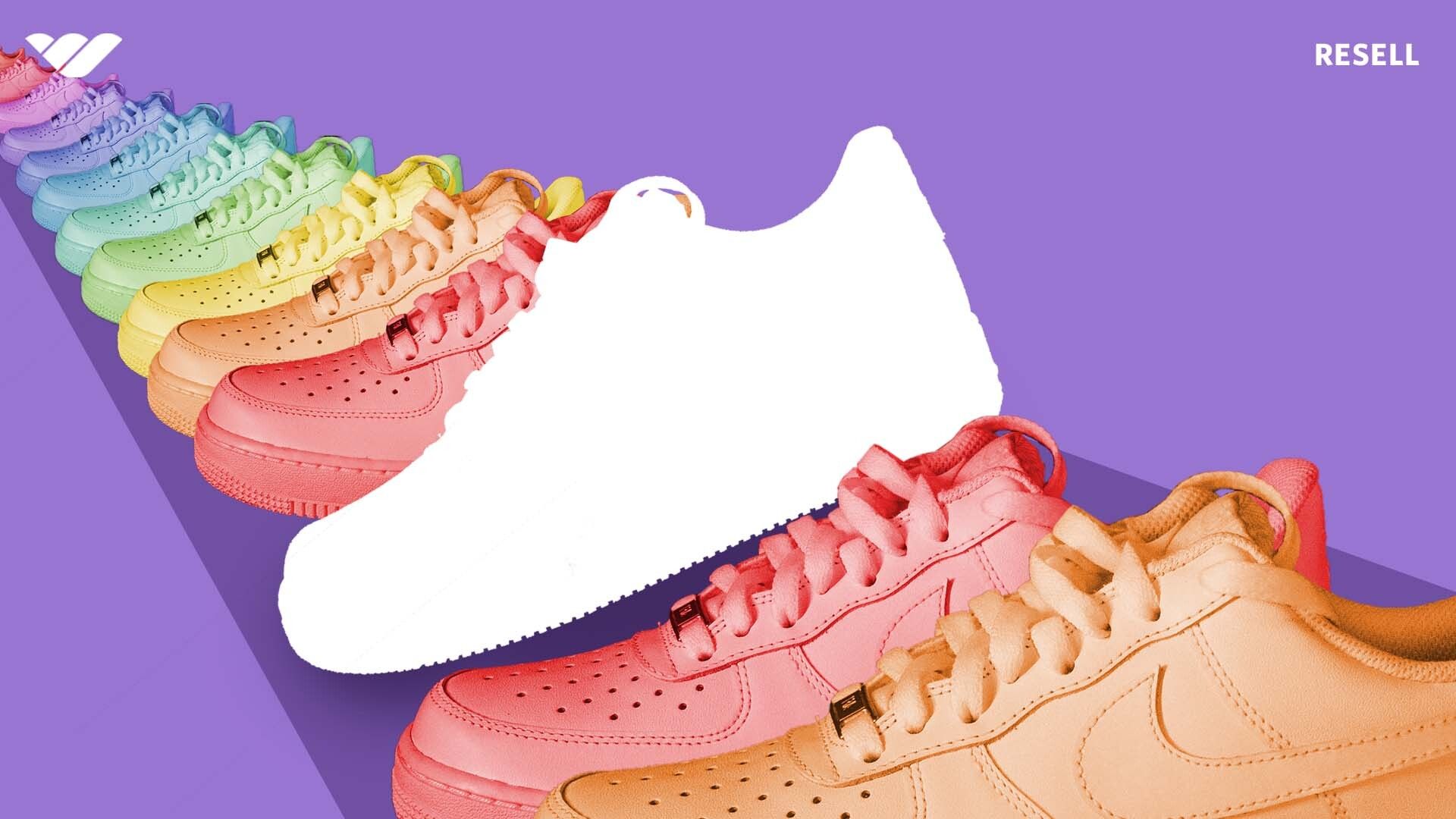 Image of a row of sneakers in rainbow color