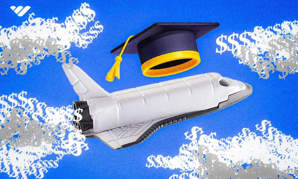 Digital image showing a space shuttle, a graduate cap, and dollar signs