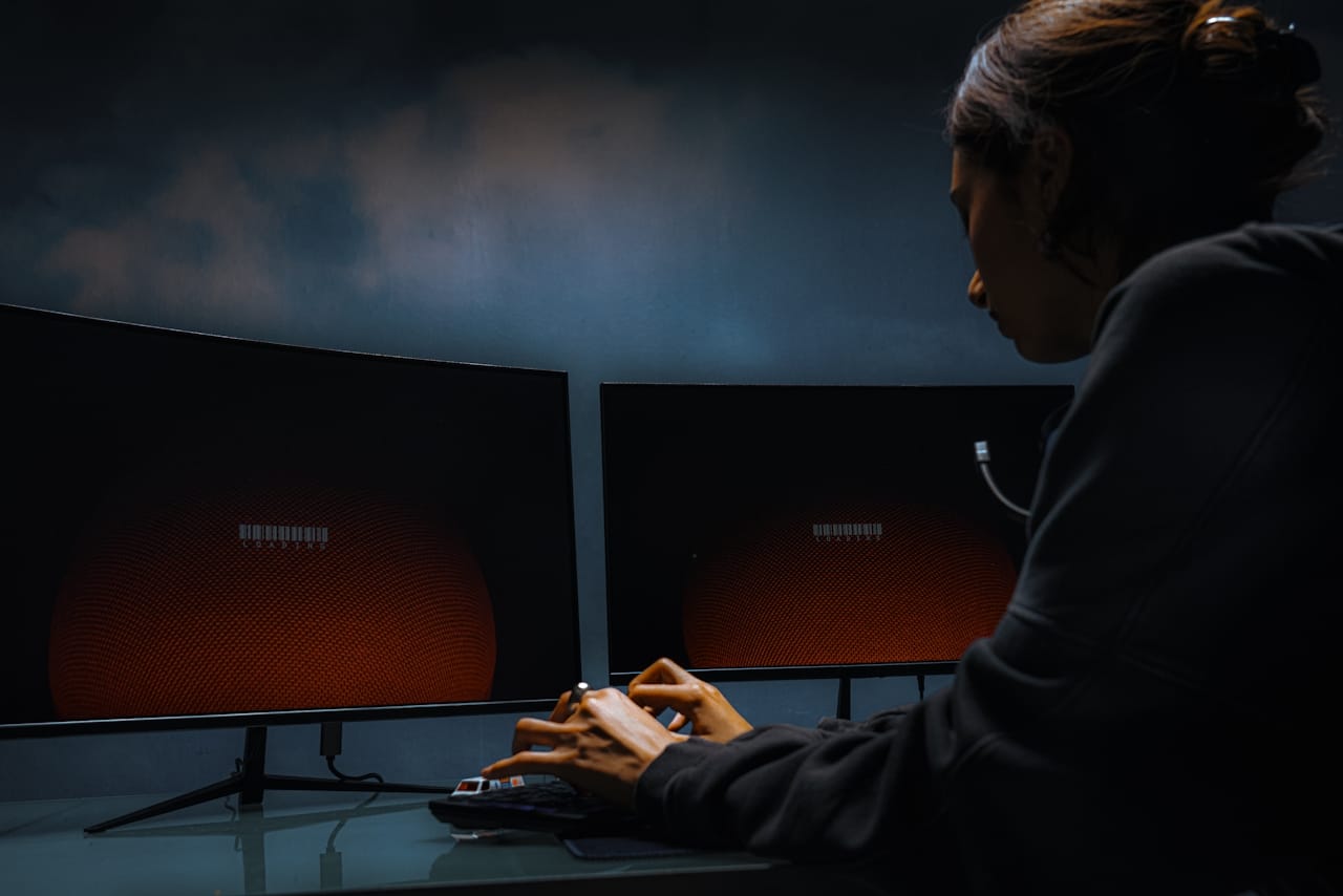 woman looking at two dark red computer screens