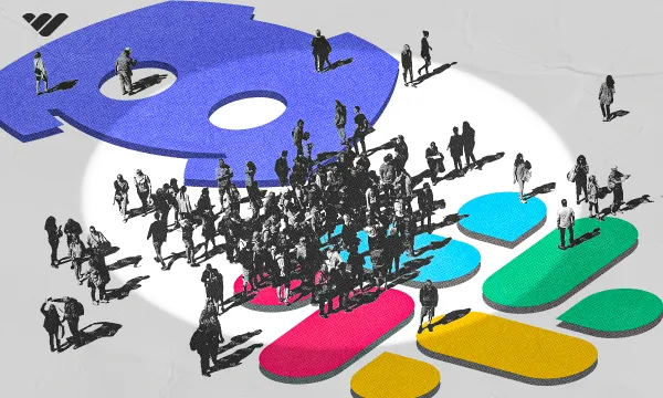 Digital image showing a crowd of people and colorful patterns