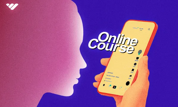 Digital image showing someone looking at a phone and the phrase "online course".