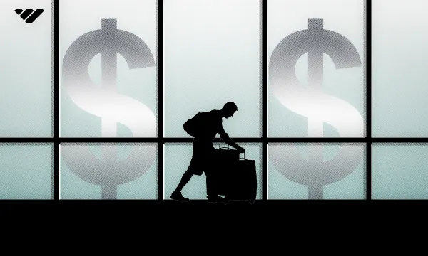 Silhouette of a man pushing travel bags past silver dollar signs.