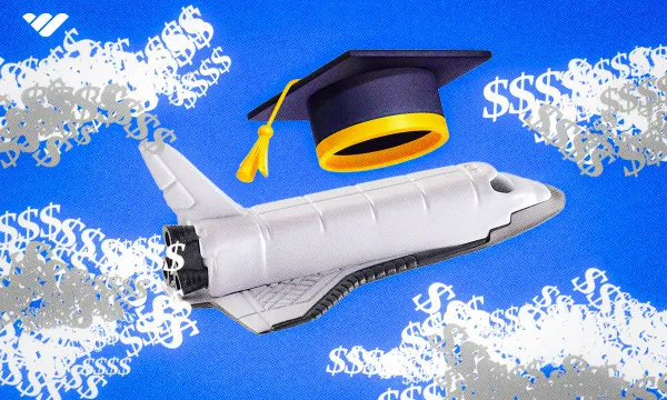 Digital image showing a space shuttle, a graduate cap, and dollar signs