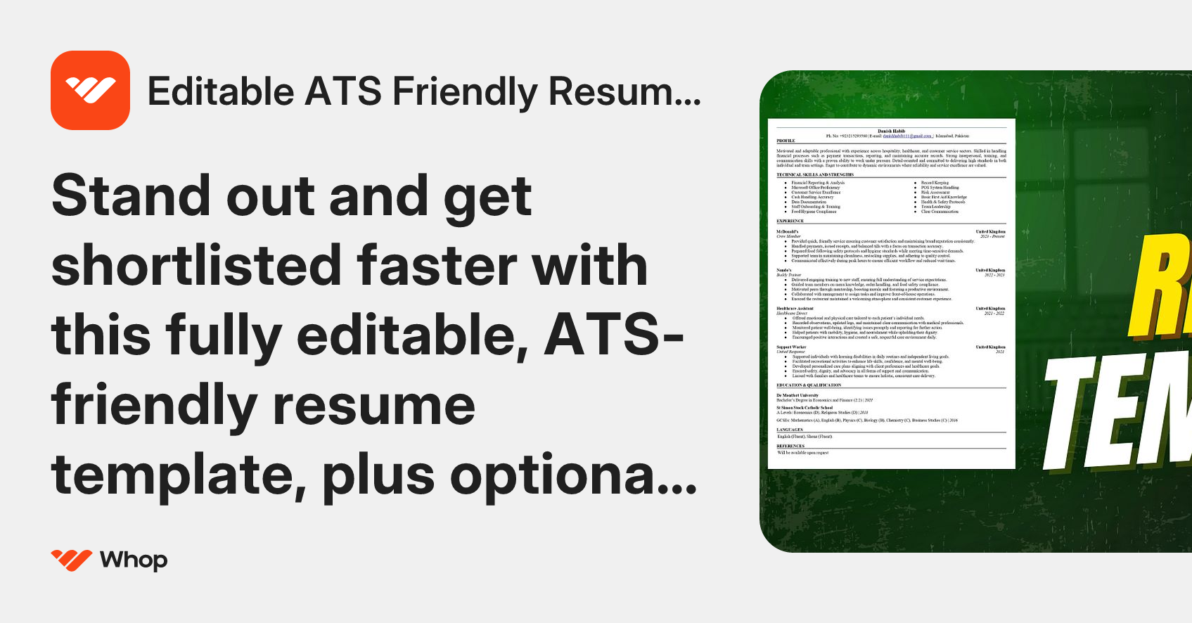 Editable ATS Friendly Resume Template | Whop